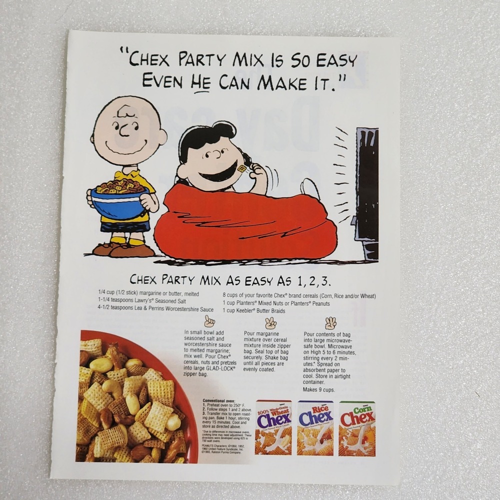 Vintage Print Ad Chex Party Mix Peanuts Charlie Brown Lucy clipping 8x10 1993